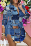 Royal Blue Casual Graphics Print Shirt Collar Long Sleeve Vacation Side Slit Blouse