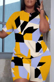 Yellow Casual Floral Print O Neck Short Sleeve Oversize T-Shirt And Shorts Two Pieces Shorts Sets