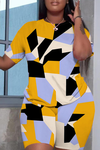 Yellow Casual Floral Print O Neck Short Sleeve Oversize T-Shirt And Shorts Two Pieces Shorts Sets