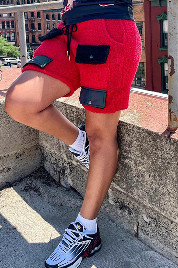 Red Casual High Waist Double-faced Fleece Shorts Hot Pants