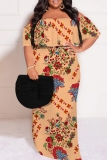 Multicolor Casual Graphics Print Off Shoulder Flutter Sleeve Long Loose Vacation Plus Size Maxi Dresses
