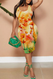 Black Orange Casual Graphcis Print U Neck Sleeveless Vacation Bodycon Midi Tank Dress