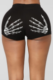 Black Skull Hand Print Mid Waist Skinny Shorts Hotpants