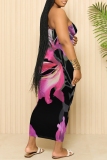 Rose Red Casual Floral Print Sleeveless Backless Spaghetti Strap U Neck Vacation Bodycon Maxi Slip Dress