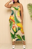 Rose Red Casual Floral Print Sleeveless Backless Spaghetti Strap U Neck Vacation Bodycon Maxi Slip Dress