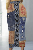 Casual Faux Denim Print High Waist One Step Pencil Skinny Midi Skirt