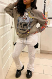White Casual Geometric Print Mid Waist Double-faced Fleece Pants