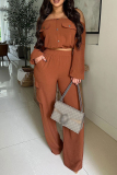 Green Casual Off Shoulder Long Sleeve Crop Blouse And Wide Leg Pants Vacation Two Pieces Trouser Sets