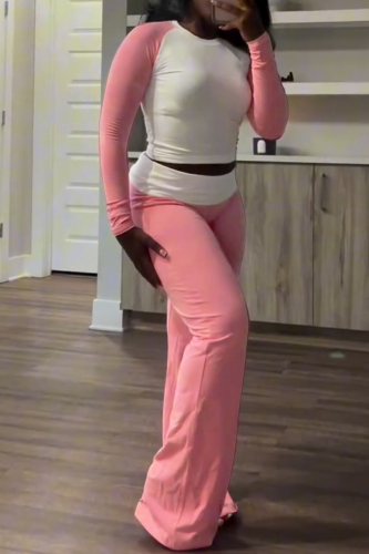 Pink Casual O Neck Long Sleeve Crop Top And Skinny Pants Sportwear Two Pieces Trouser Sets