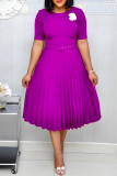 Green Casual O Neck Short Sleeve Plus Size Formal Office Lady A Line Pleated Midi Dresses