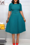 Green Casual O Neck Short Sleeve Plus Size Formal Office Lady A Line Pleated Midi Dresses