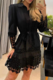 White Shirt Collar Long Sleeve With Belt Ruffle Hem Vacation Blouse