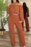 Green Casual Off Shoulder Long Sleeve Crop Blouse And Wide Leg Pants Vacation Two Pieces Trouser Sets