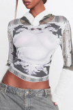 White Casual Graphics Print Hooded Long Sleeve Slim Fitted Crop Tops