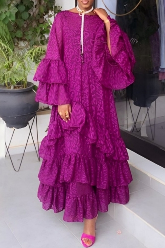Purple Casual O Neck Lantern Sleeve Ruffle Tiered Hem Vacation Long Maxi Dresses