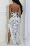 Green Sequins Feathers Sleeveless Backless Side Slit Long Formal Evening Party Bodycon Maxi Slip Dresses
