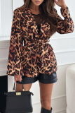Casual Leopard Print Lace Up Turn-back Collar Long Sleeve Blazer Jackets