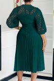 Purple Formal Knitted Lace O Neck Short Sleeve Zipper Hollow Out With Belt Evening Party Office Lady Wedding Guest Pleated Midi Dresses