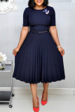 Green Casual O Neck Short Sleeve Plus Size Formal Office Lady A Line Pleated Midi Dresses