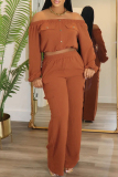 Green Casual Off Shoulder Long Sleeve Crop Blouse And Wide Leg Pants Vacation Two Pieces Trouser Sets