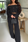 Green Casual Off Shoulder Long Sleeve Crop Blouse And Wide Leg Pants Vacation Two Pieces Trouser Sets