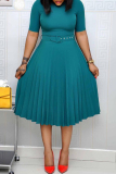 Green Casual O Neck Short Sleeve Plus Size Formal Office Lady A Line Pleated Midi Dresses