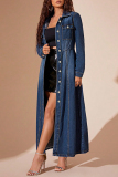 Dark Blue Casual Turndown Collar Long Sleeve Buckle Denim Maxi Dresses