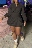 Black Street Zipper Collar Long Sleeve Sweatshirt And Pleated Mini Skirt Sportwear Two Pieces Dress Sets