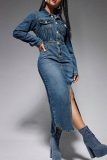 Blue Street Turndown Collar Long Sleeve High Waist Pocket Buckle Slit Denim Maxi Dresses
