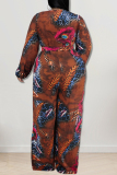 Green Casual Print V Neck Long Sleeve Plus Size Vacation Wide Leg Jumpsuits