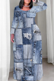 Dark Blue Casual Faux Denim Print Long Sleeve Floor Length Loose Vacation Baggy Maxi Dress