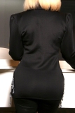 Black Silver Casual Rhinestone Decor Turn-back Collar Long Sleeve Formal Office Lady Blazer Jackets