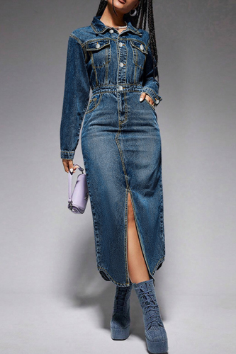 Blue Street Turndown Collar Long Sleeve High Waist Pocket Buckle Slit Denim Maxi Dresses