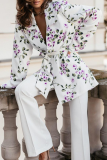 Leopard Flowers Print Belted Turndown Collar Long Sleeve Formal Office Lady Blazer Jackets