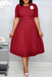 Green Casual O Neck Short Sleeve Plus Size Formal Office Lady A Line Pleated Midi Dresses