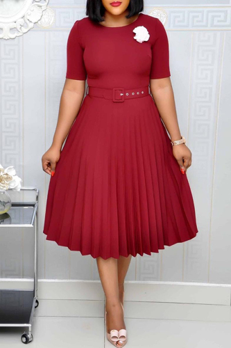 Green Casual O Neck Short Sleeve Plus Size Formal Office Lady A Line Pleated Midi Dresses