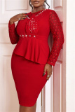 Red O Neck Long Sleeve Ruffle Trim Formal Evening Party Wedding Guest Bodycon Midi Dresses