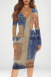 Dark Blue Casual Faux Denim Print Contrast V Neck Long Sleeve Bodycon Midi Dresses
