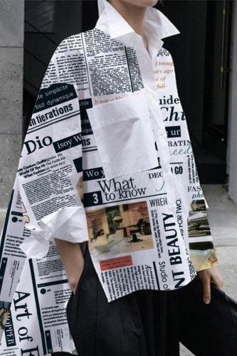 Casual Newspaper Print Shirt Collar Long Sleeve Side Slit Irregular Hem Blouse