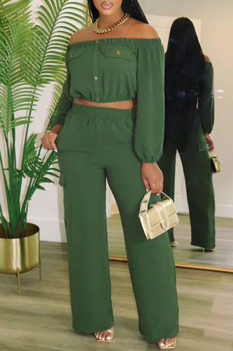 Green Casual Off Shoulder Long Sleeve Crop Blouse And Wide Leg Pants Vacation Two Pieces Trouser Sets Green Casual Off Shoulder Long Sleeve Crop Blouse And Wide Leg Pants Vacation Two Pieces Trouser Sets