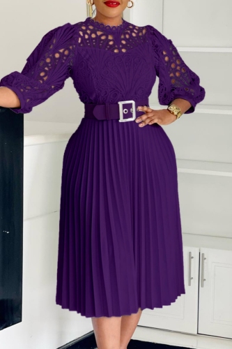 Purple Formal Knitted Lace O Neck Short Sleeve Zipper Hollow Out With Belt Evening Party Office Lady Wedding Guest Pleated Midi Dresses