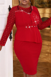 Red O Neck Long Sleeve Ruffle Trim Formal Evening Party Wedding Guest Bodycon Midi Dresses