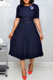 Green Casual O Neck Short Sleeve Plus Size Formal Office Lady A Line Pleated Midi Dresses