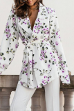 Leopard Flowers Print Belted Turndown Collar Long Sleeve Formal Office Lady Blazer Jackets