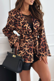 Casual Leopard Print Lace Up Turn-back Collar Long Sleeve Blazer Jackets