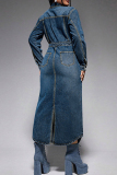 Blue Street Turndown Collar Long Sleeve High Waist Pocket Buckle Slit Denim Maxi Dresses
