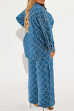 Casual Plaid Buckle Zipper Turndown Collar Denim Blouse And Wide Leg Pants Vacation Plus Size Two Pieces Touser Sets