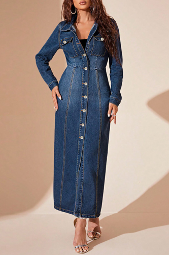 Dark Blue Casual Turndown Collar Long Sleeve Buckle Denim Maxi Dresses