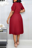 Green Casual O Neck Short Sleeve Plus Size Formal Office Lady A Line Pleated Midi Dresses