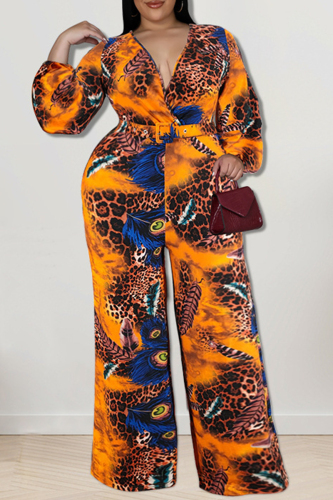 Green Casual Print V Neck Long Sleeve Plus Size Vacation Wide Leg Jumpsuits